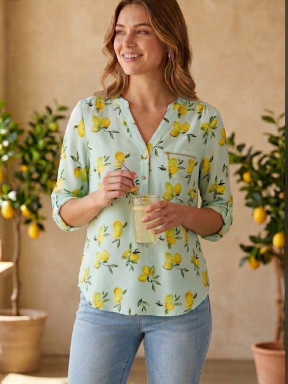 Wishful Park Mint Green Lemon-Print Henley Neckline Blouse
